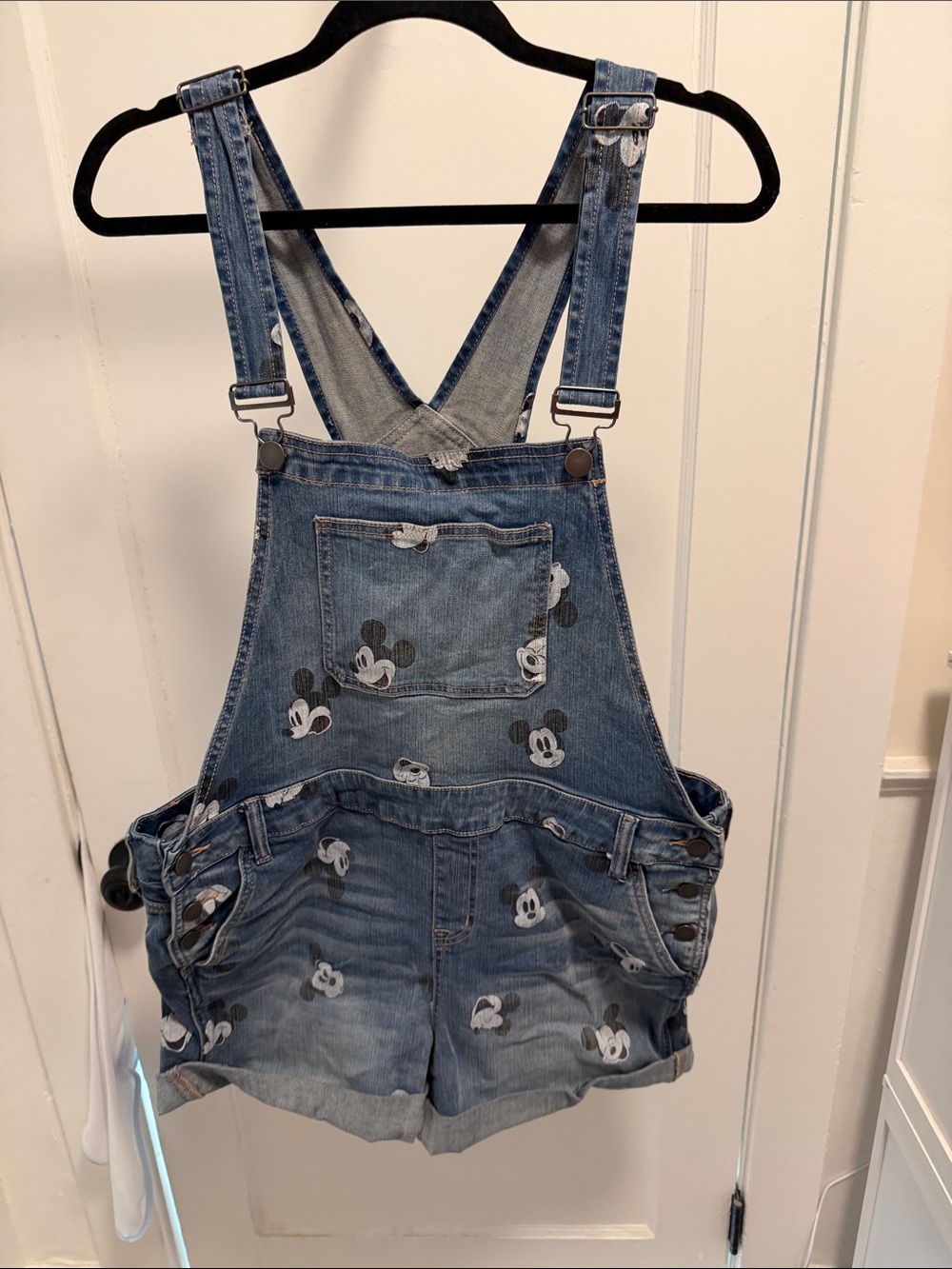 Disney women’s Blue Denim Mickey Short Overalls